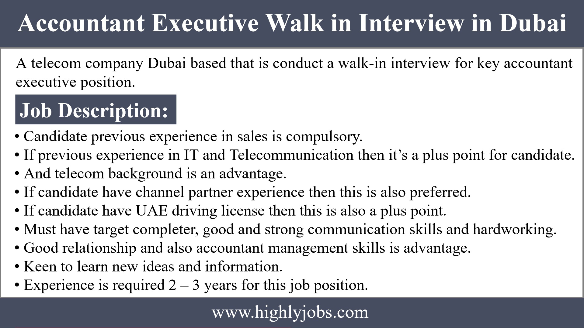Accountant Executive Walk in Interview in Dubai