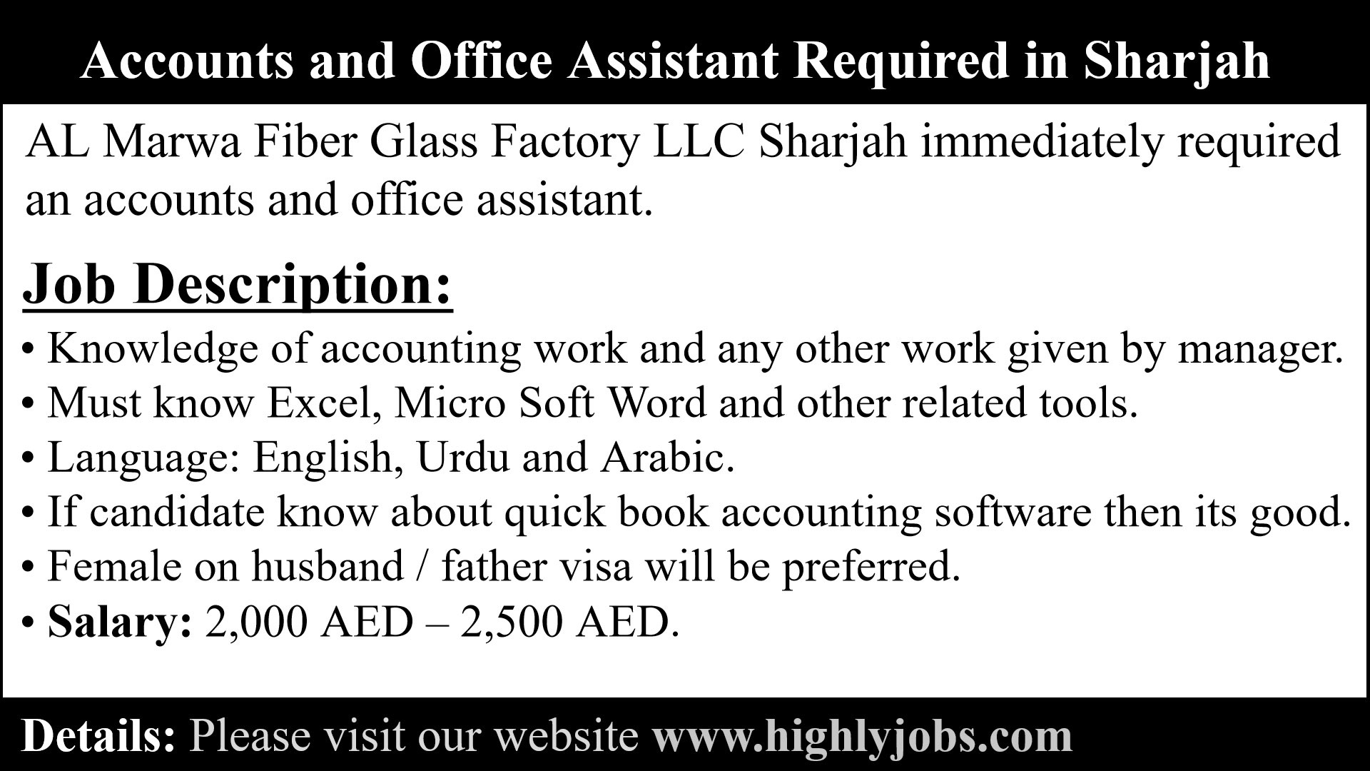Accounts and Office Assistant Required in Sharjah