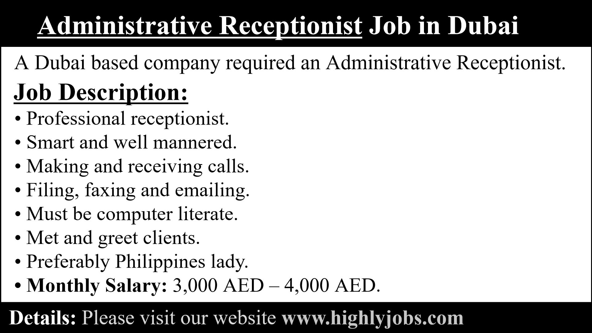 Administrative Receptionist Job in Dubai