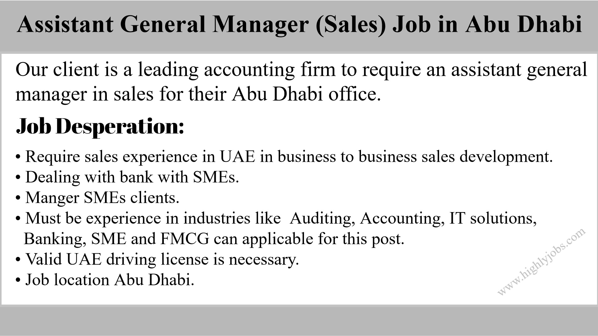Assistant General Manager Job in Abu Dhabi
