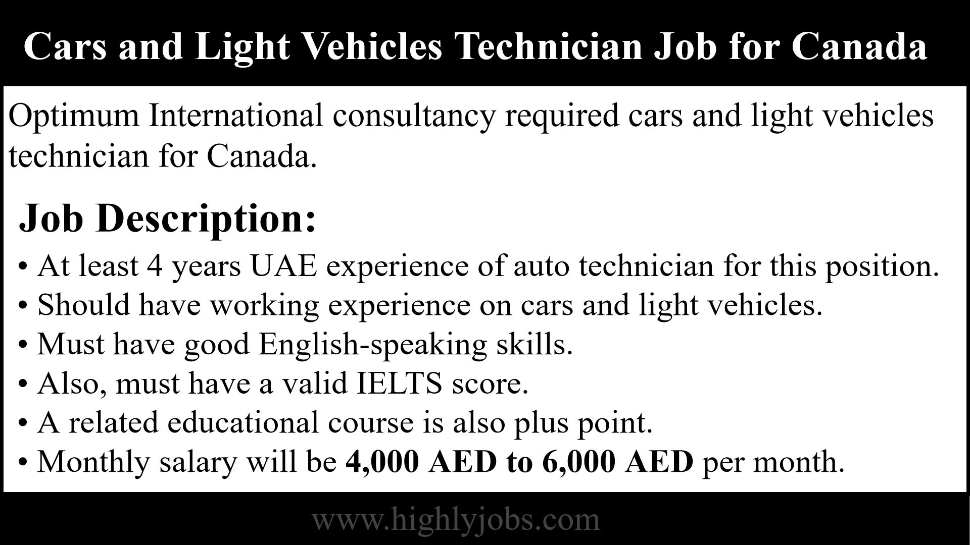 Cars and Light Vehicles Technician Job for Canada
