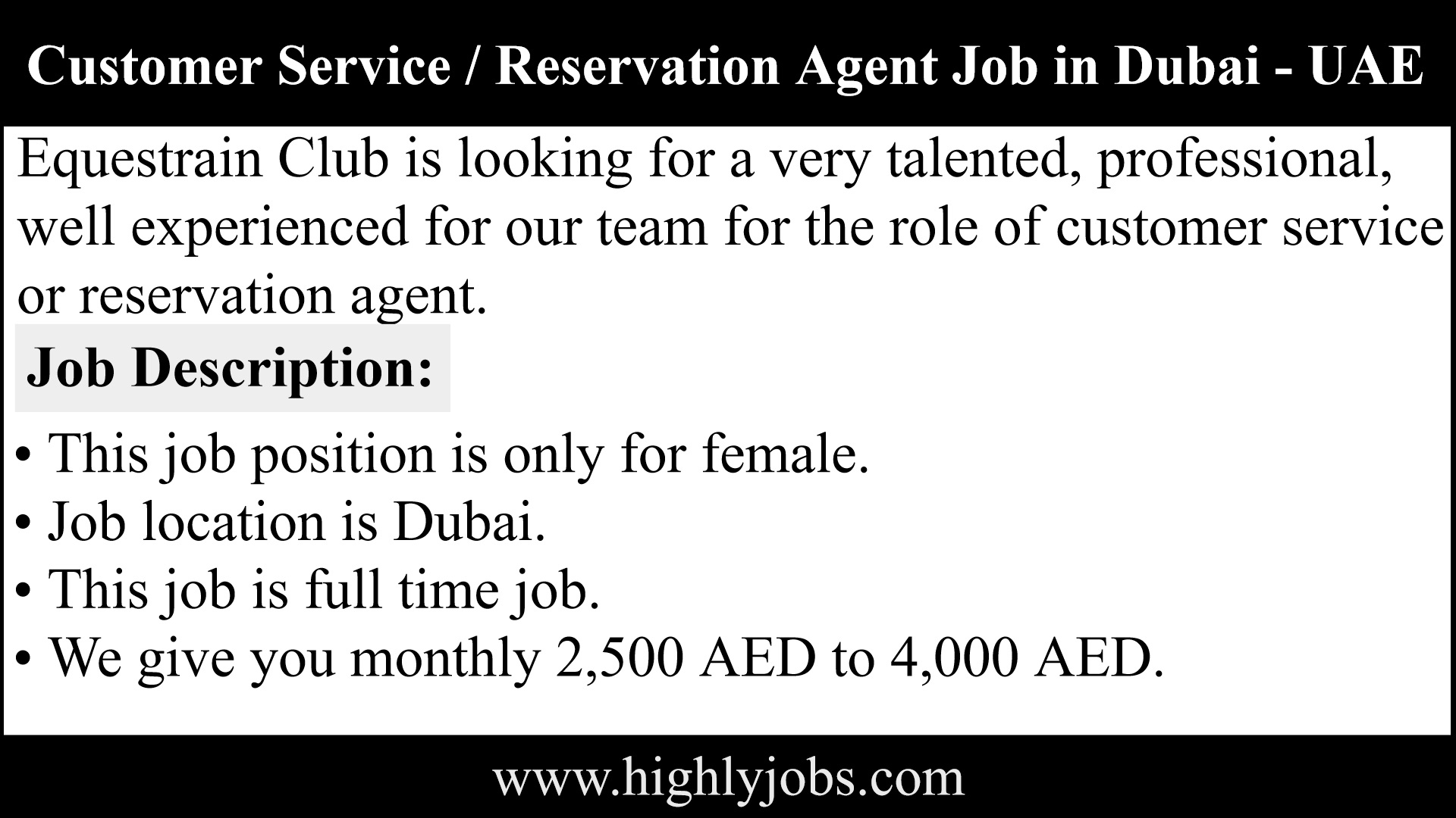 Customer Service cum Reservation Agent Job in Dubai