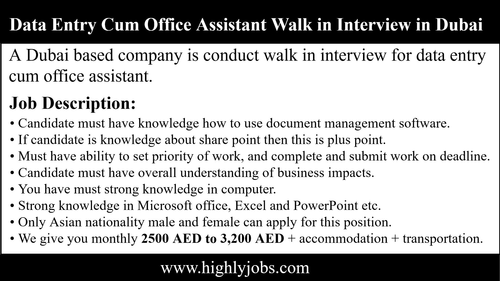Walk in interview for Data Entry and Office Assistant Job in Dubai