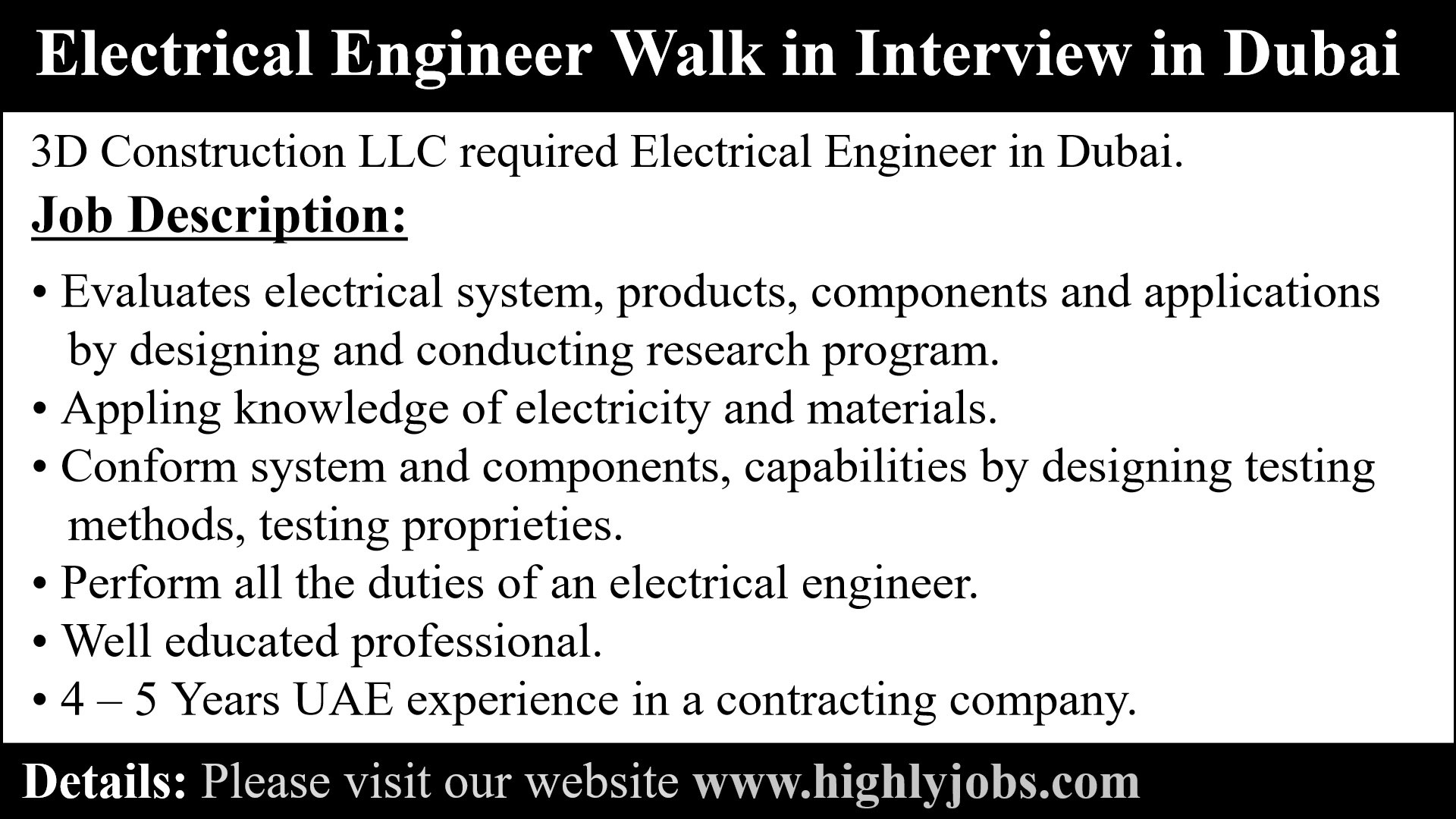 Electrical Engineer Walk in Interview in Dubai