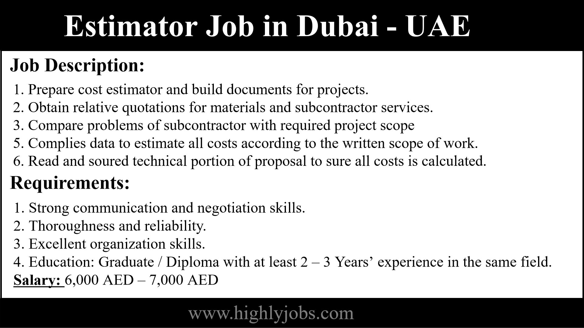 Estimator Job in Dubai - UAE