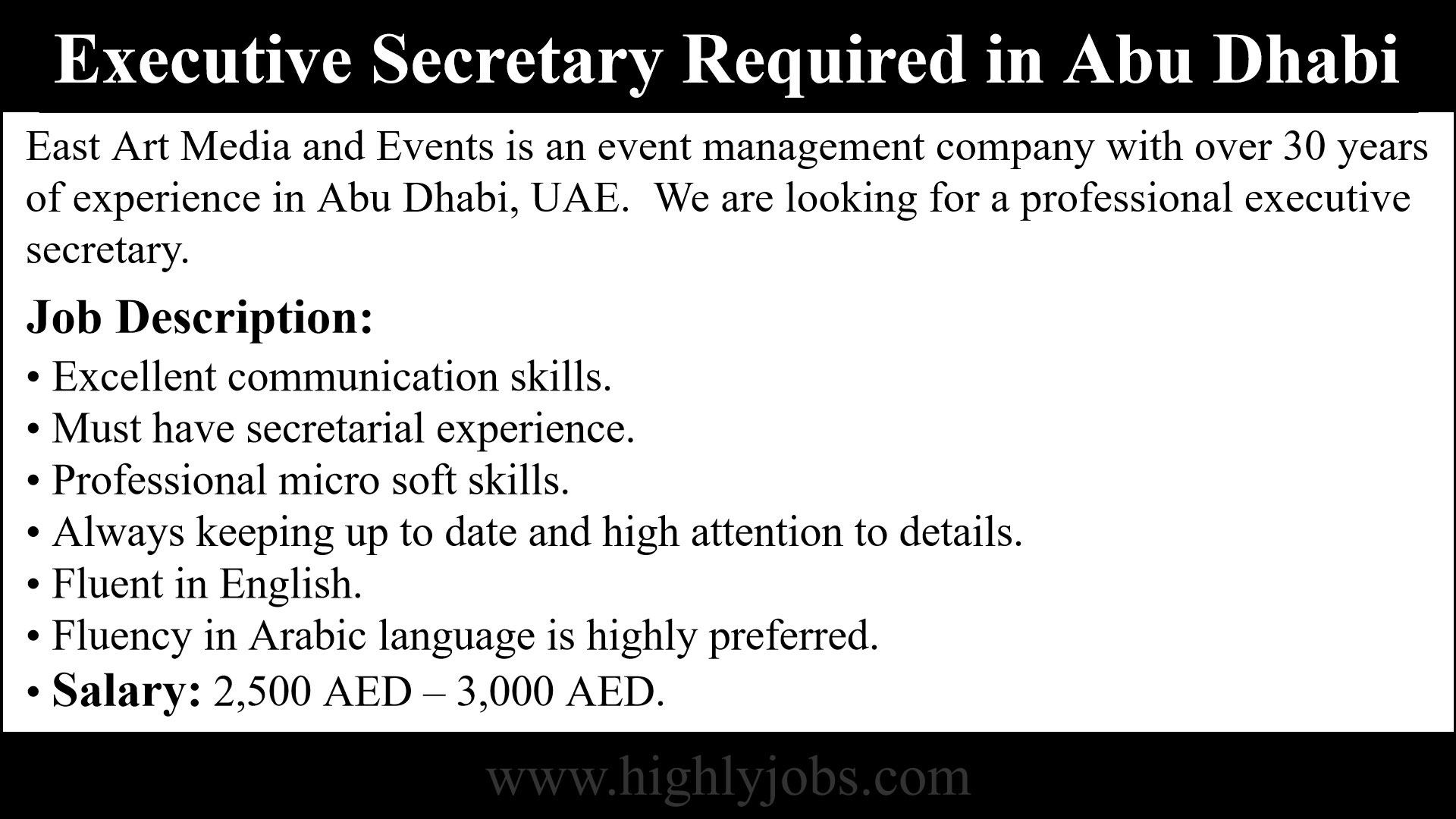 Executive Secretary Required in Abu Dhabi