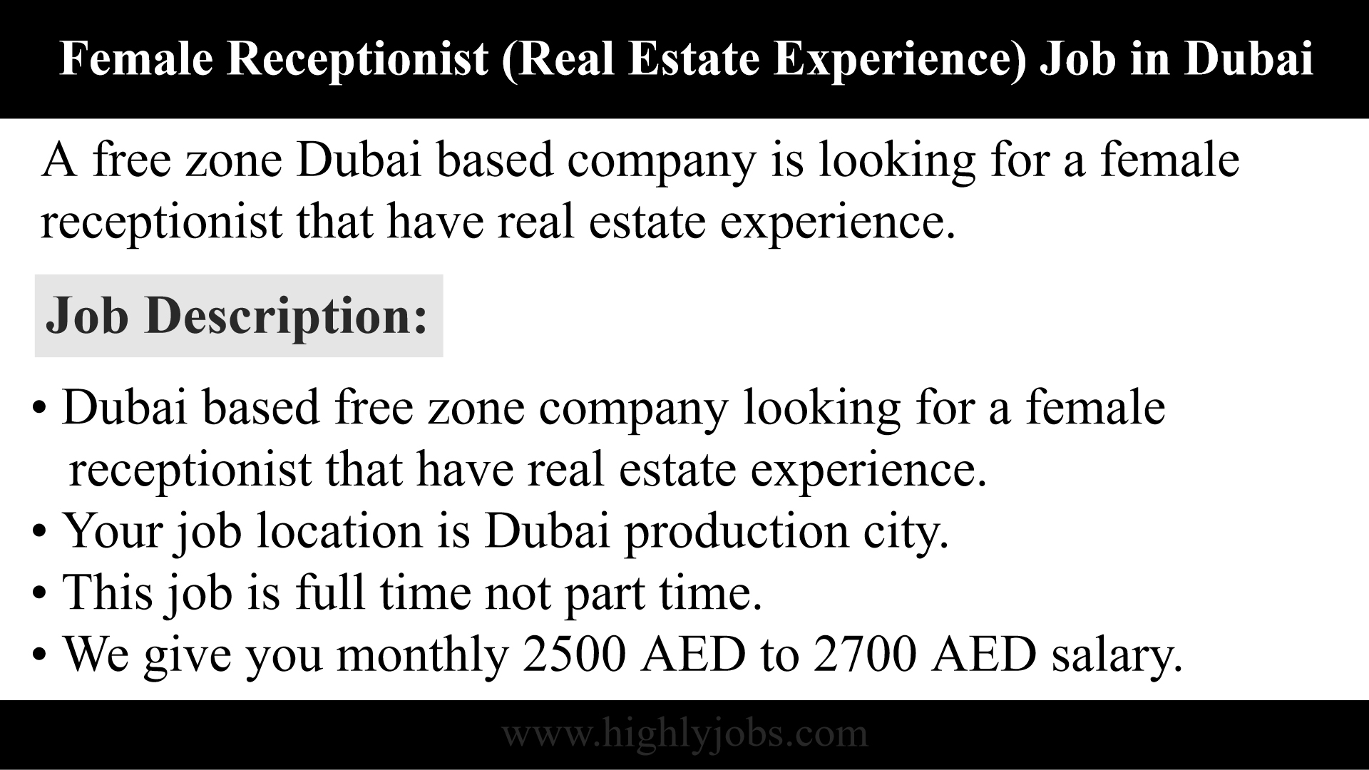Female Receptionist with Real Estate Experience Job In Dubai