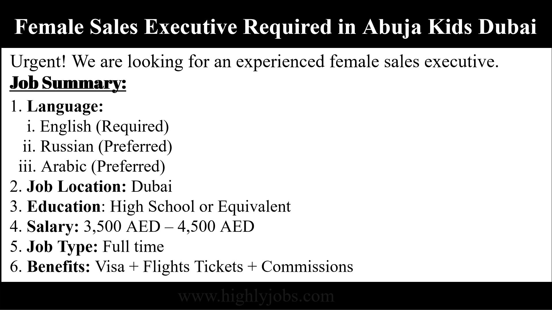 Female Sales Executive Job In Dubai, United Arab Emirates