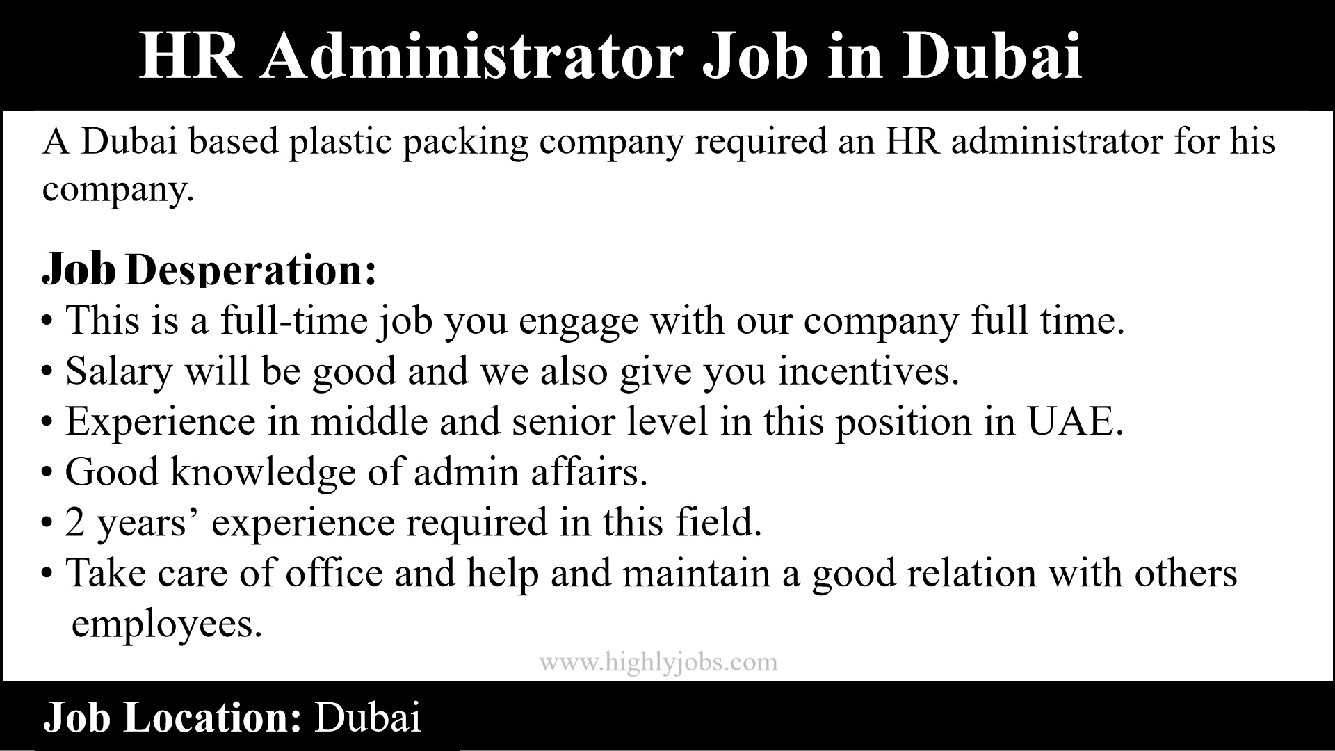 HR Administrator Job in Dubai