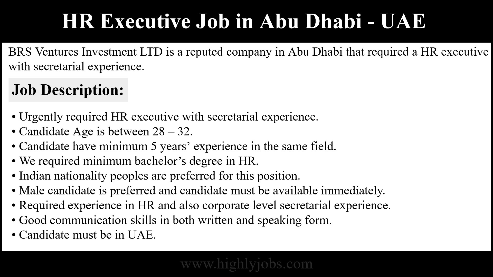 HR Executive Job in Abu Dhabi