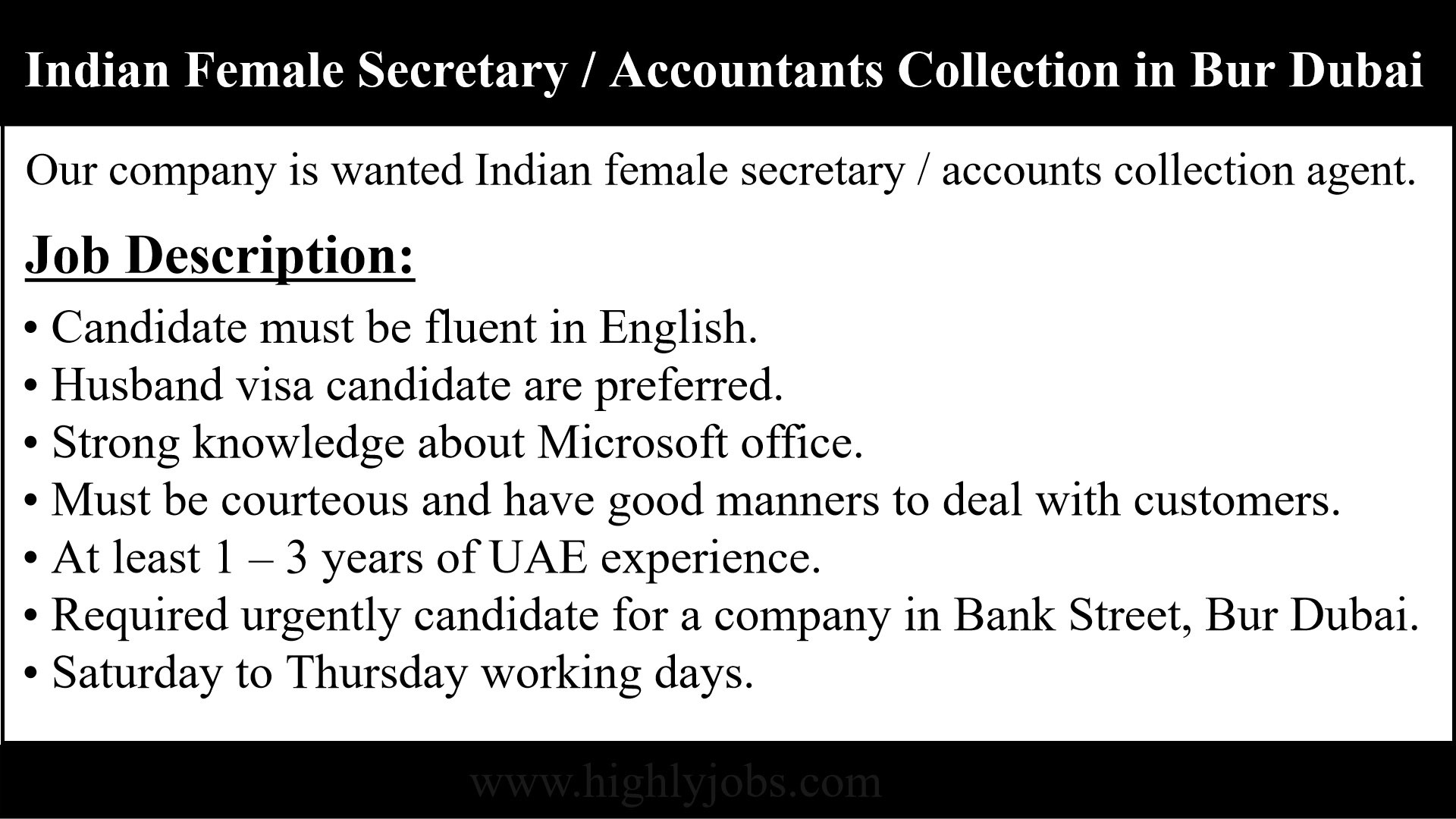 Indian Female Secretary cum Accountants Collection Job in Bur Dubai