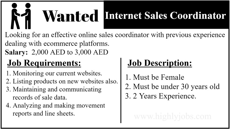 Internet Sales Coordinator Required in Dubai