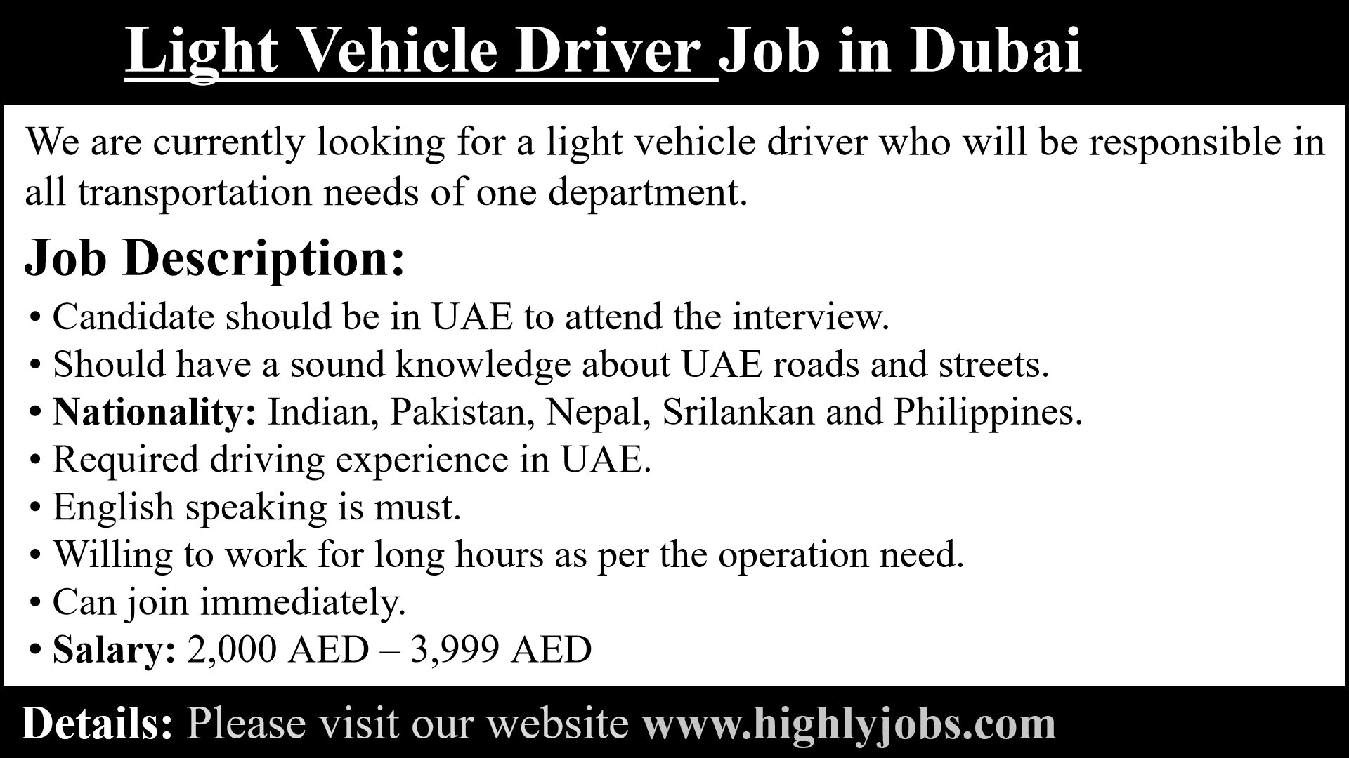Light Vehicle Driver Job in Dubai