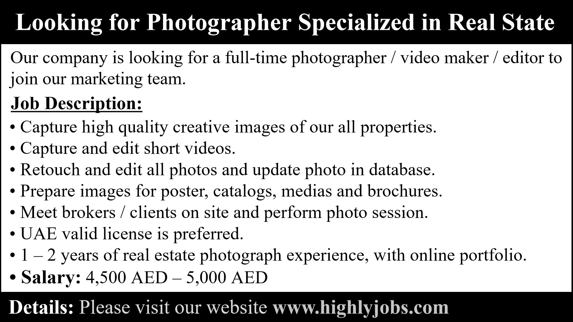 Photographer Specialized In Real Estate Job In Dubai