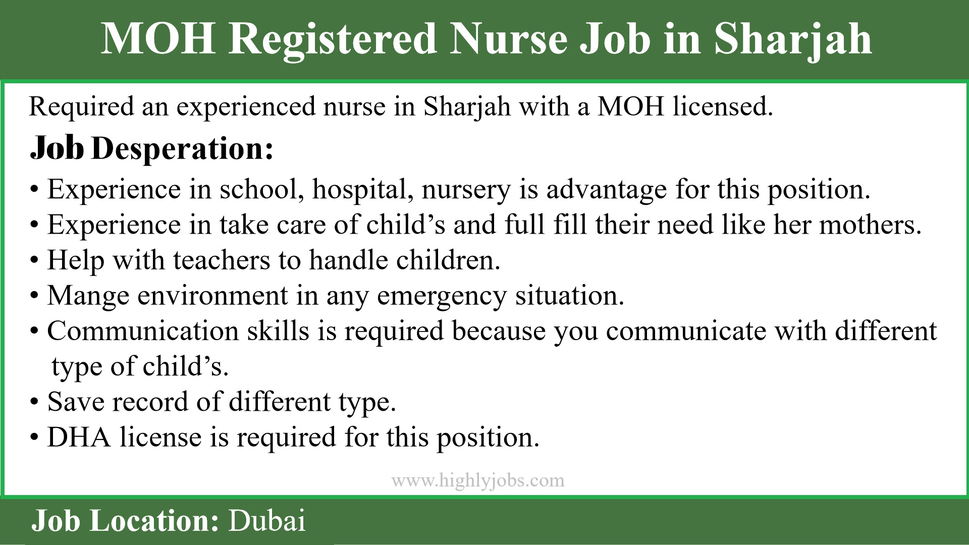 Registered Nurse Job in Sharjah