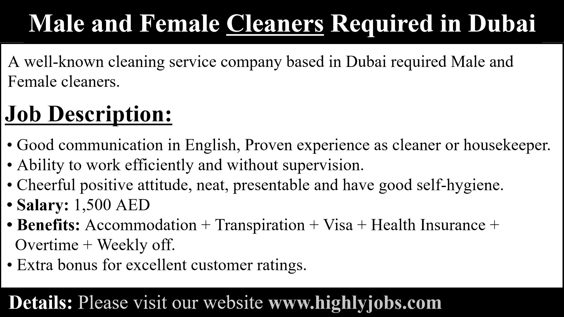 Male and Female Cleaners Required in Dubai