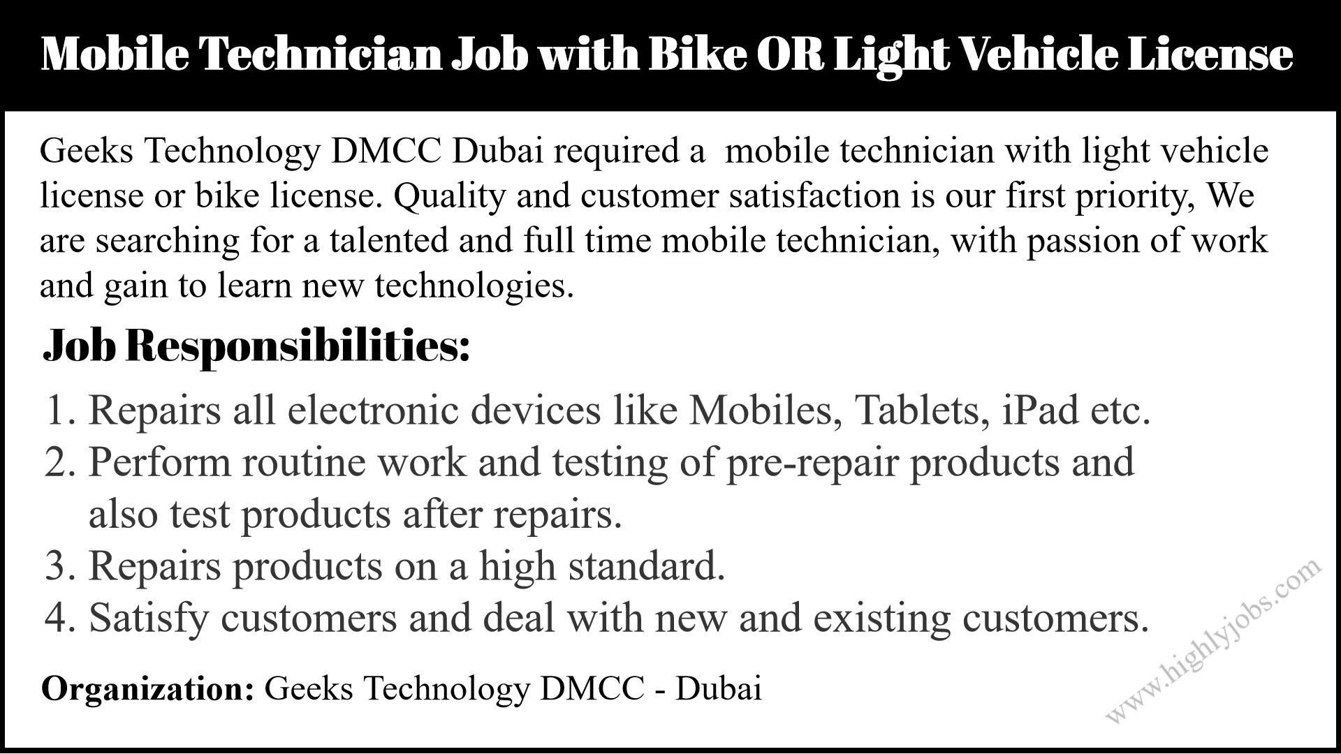 Mobile Technician Job in Dubai