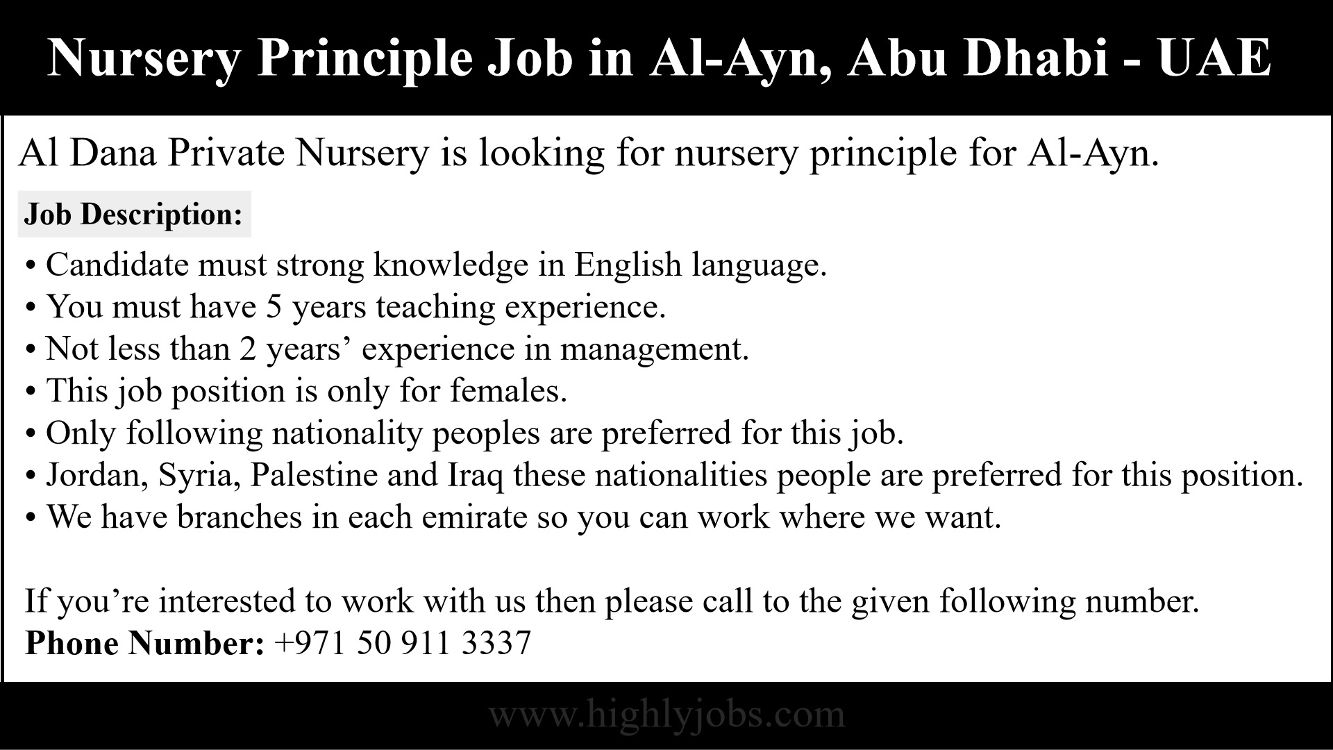 Nursery Principal Job In Al Ain