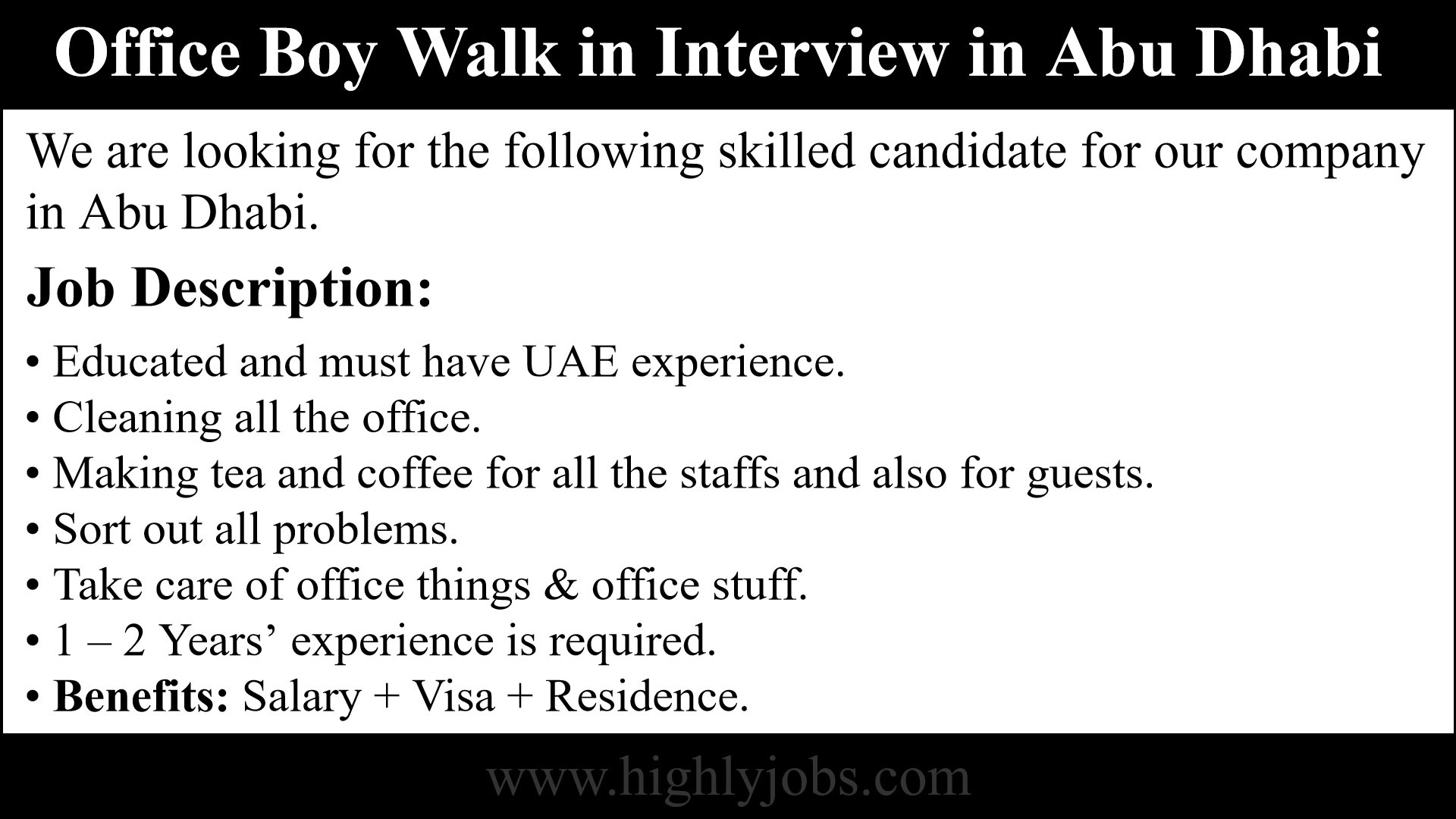 Office Boy Walk in Interview in Abu Dhabi, United Arab Emirates
