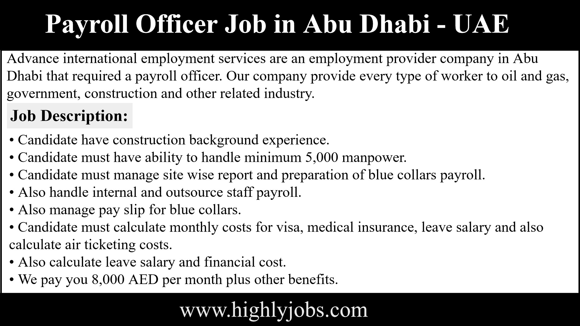 Payroll Officer Job in Abu Dhabi