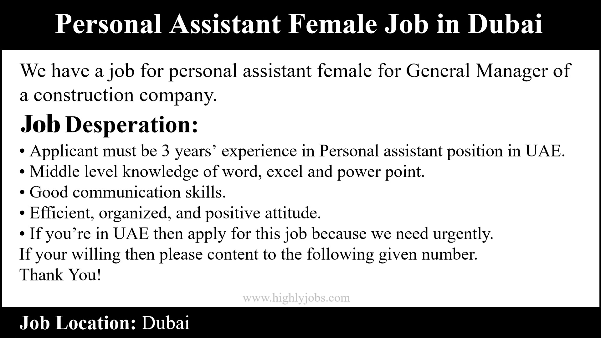 Personal Assistant Female Job in Dubai