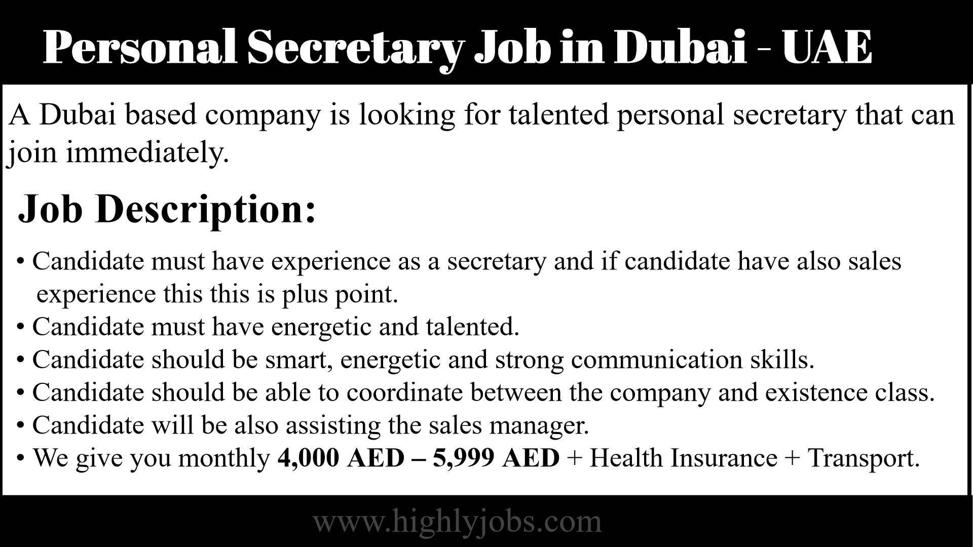 Personal Secretary Job in Dubai - UAE