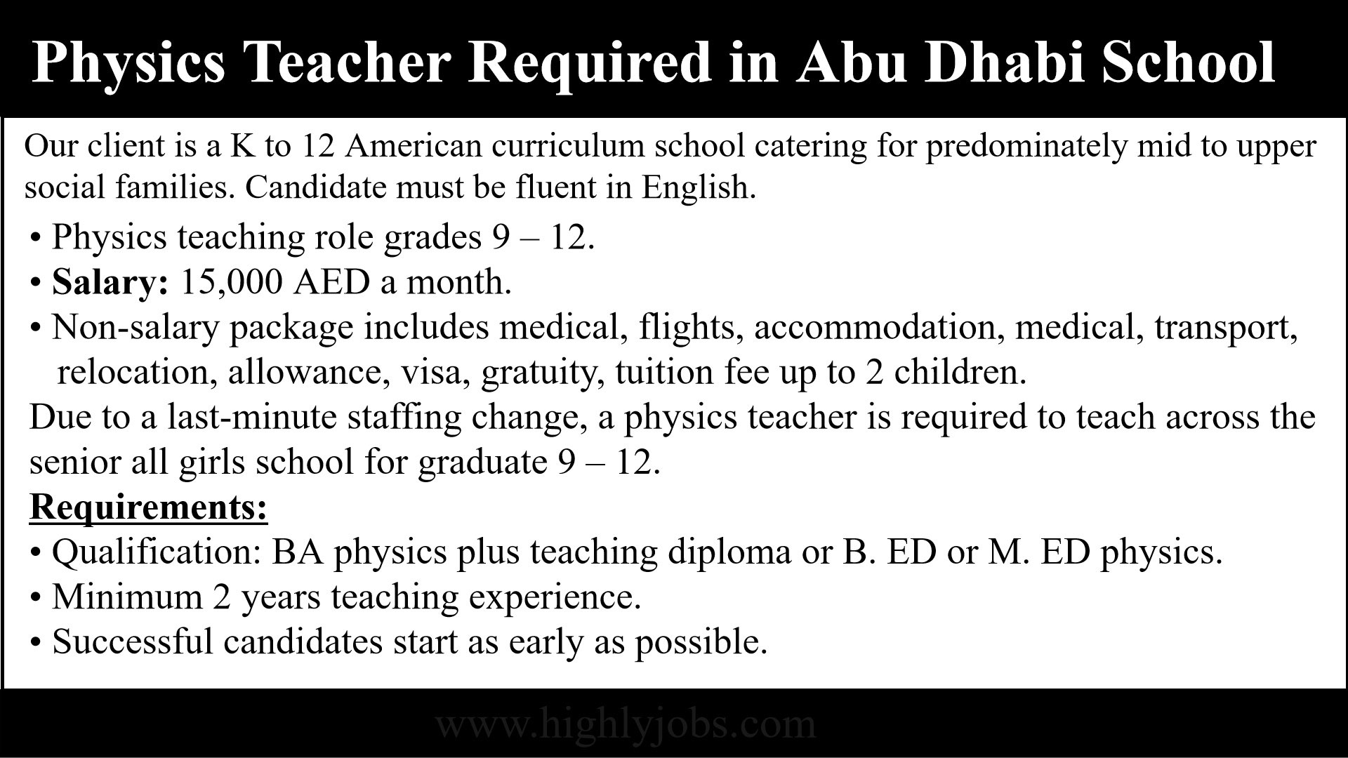Physics Teacher Job In Abu Dhabi