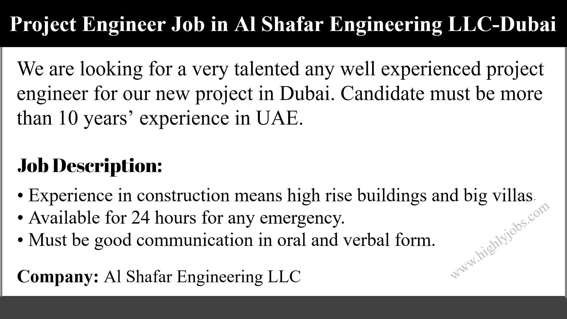 Project Engineer Job In Dubai