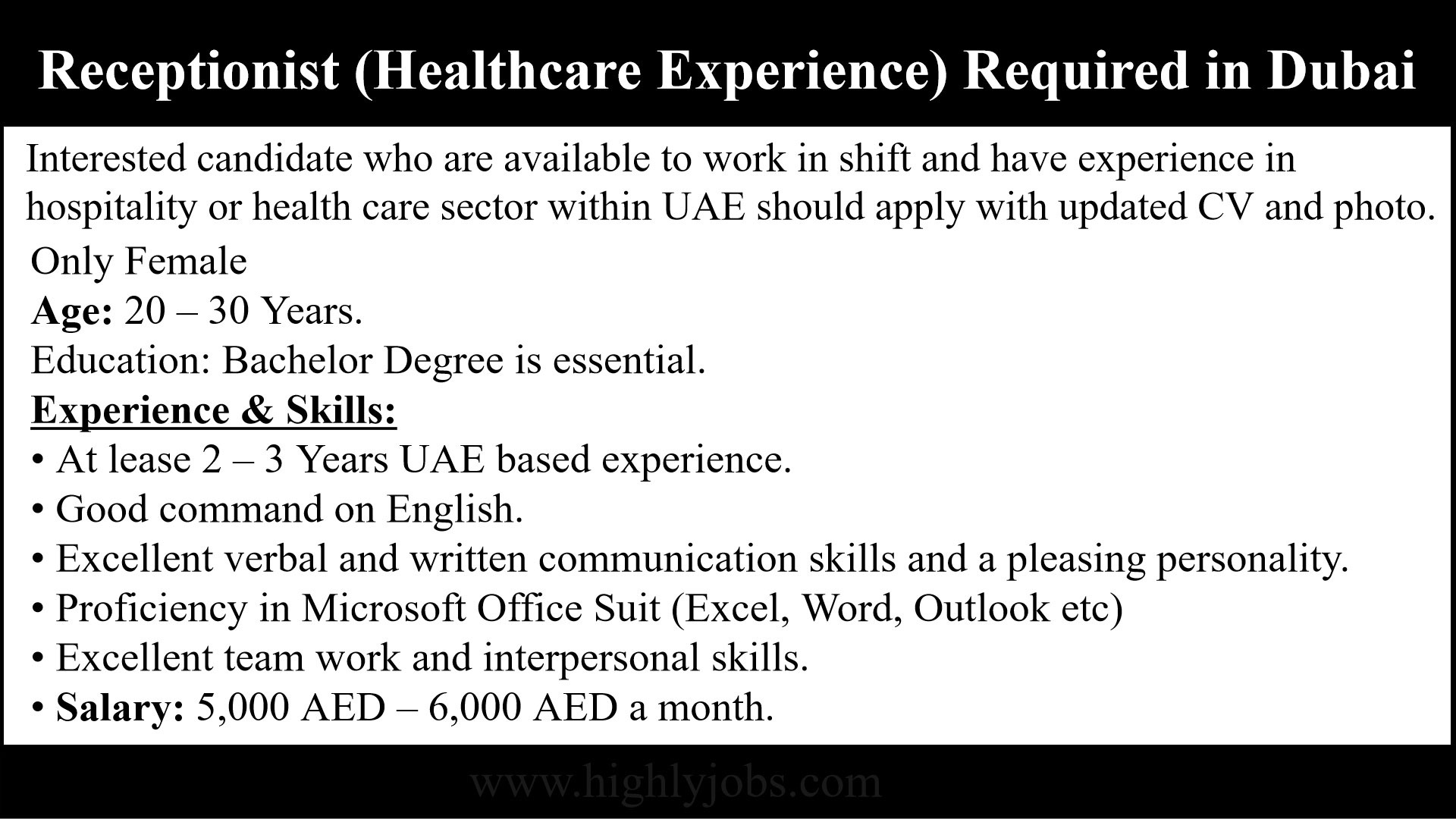 Receptionist Job in Dubai, United Arab Emirates