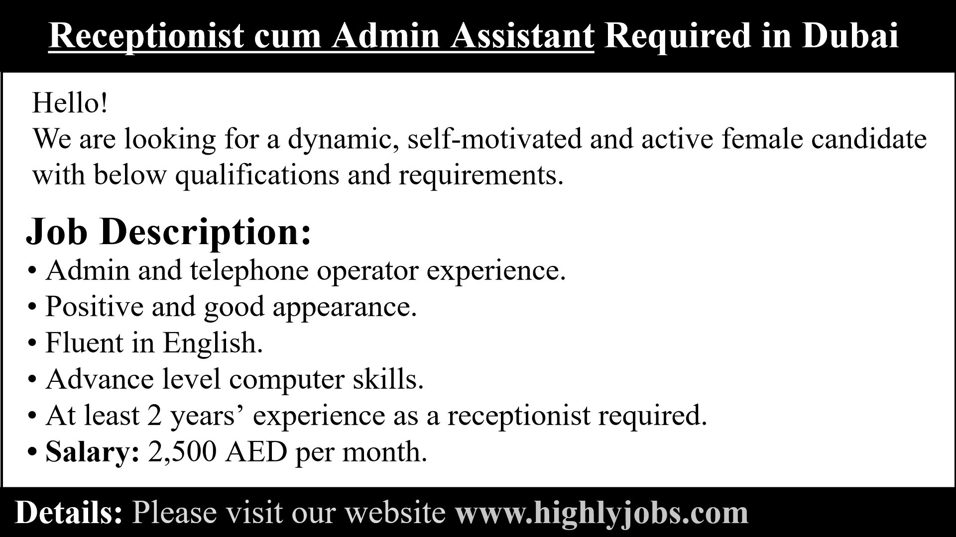 Receptionist and Admin Assistant Required in Dubai 