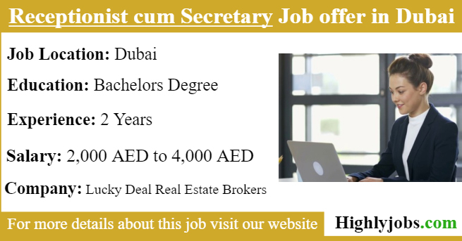 Receptionist cum Secretary Job offer in Dubai