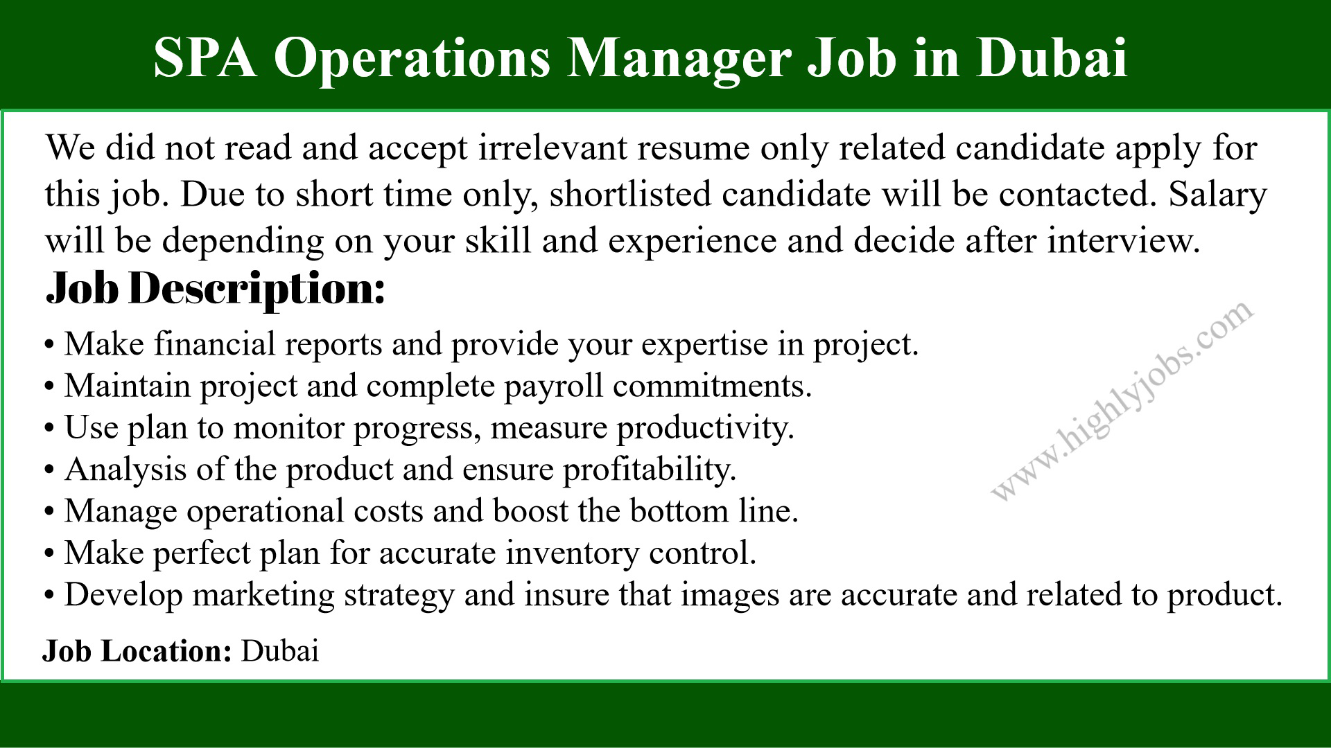 SPA Operations Manager Job in Dubai