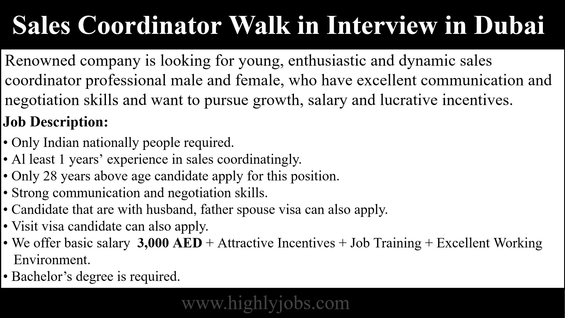 Sales Coordinator Walk in Interview in Dubai - UAE