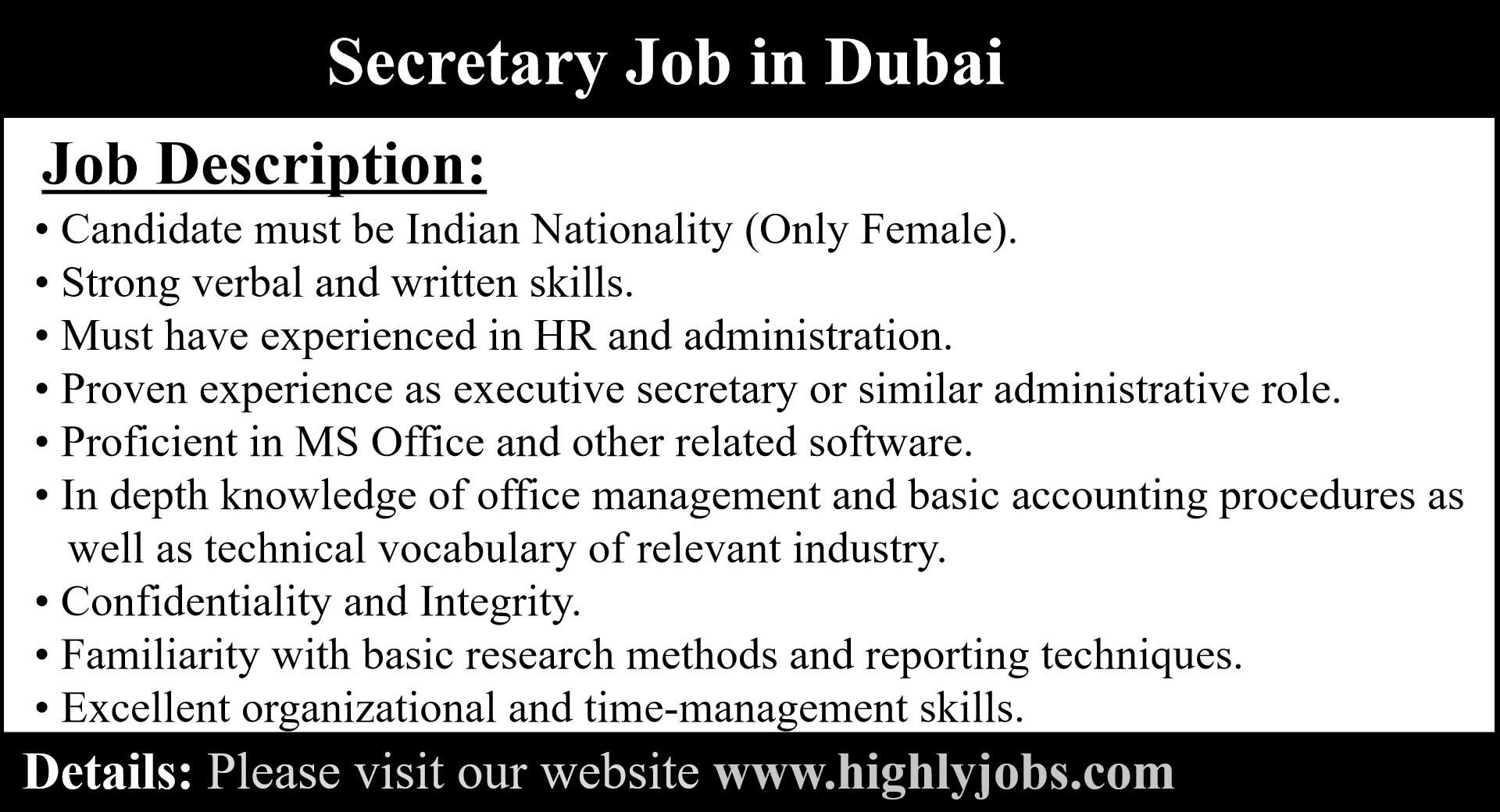 Secretary Job in Dubai, United Arab Emirates