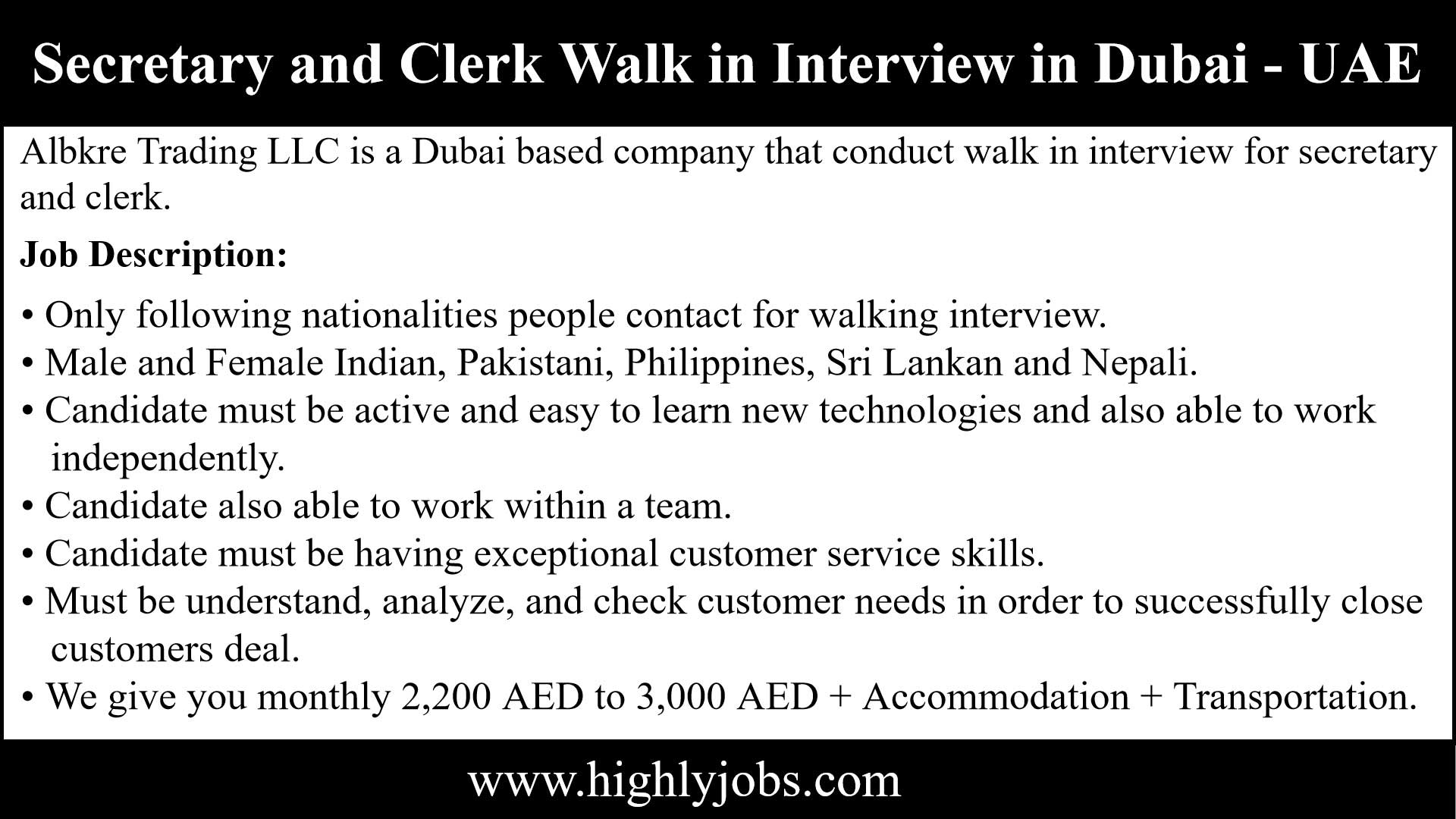 Walk in Interview Secretary Jobs in the United Arab Emirates
