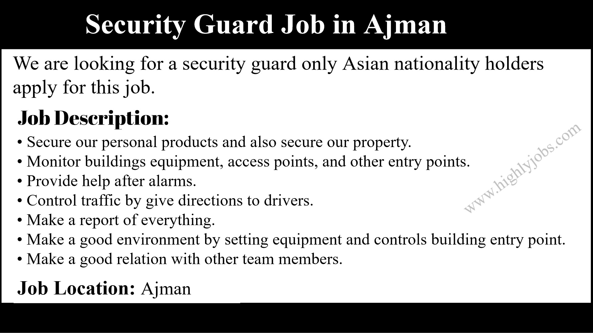 Security Guard Job in Ajman