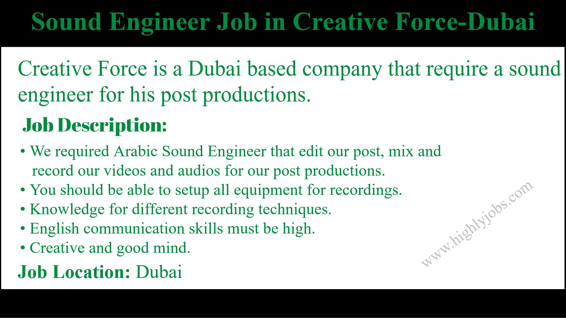 Sound Engineer Job in Creative Force-Dubai