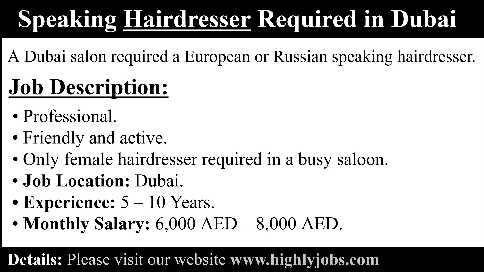 Hairdresser Required in Dubai