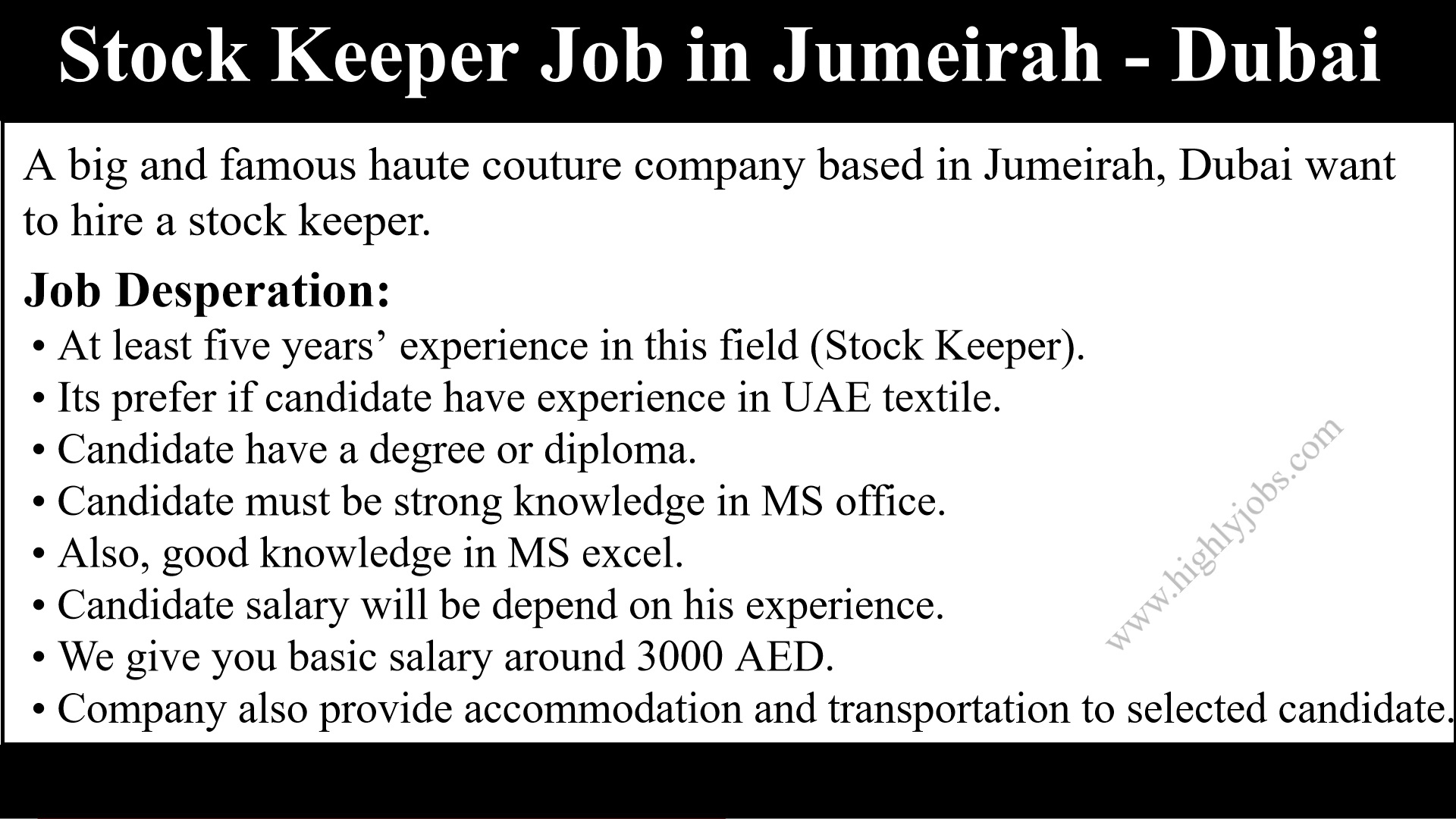 Storekeeper Job In Jumeirah
