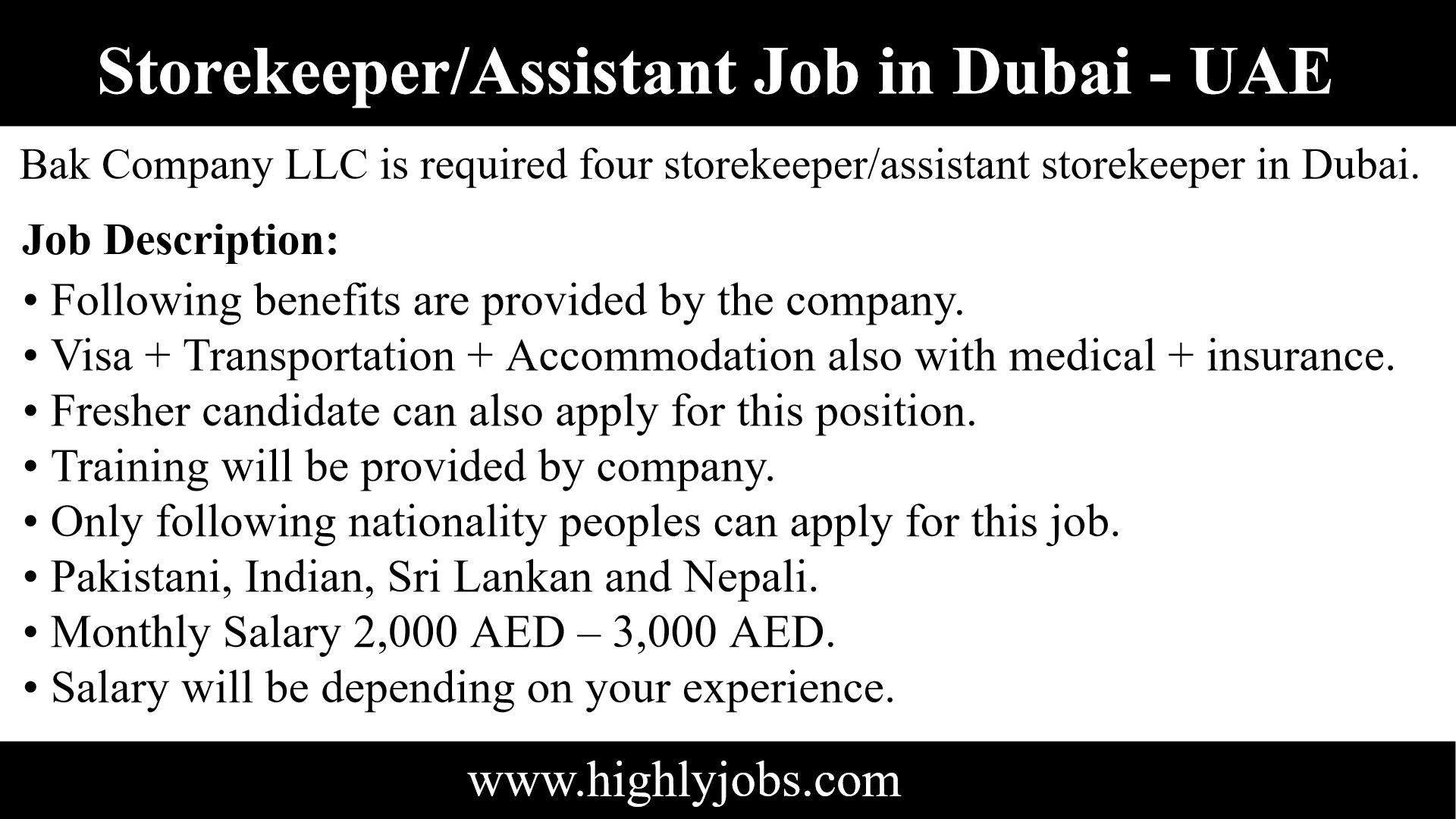 Assistant Storekeeper Jobs in Dubai