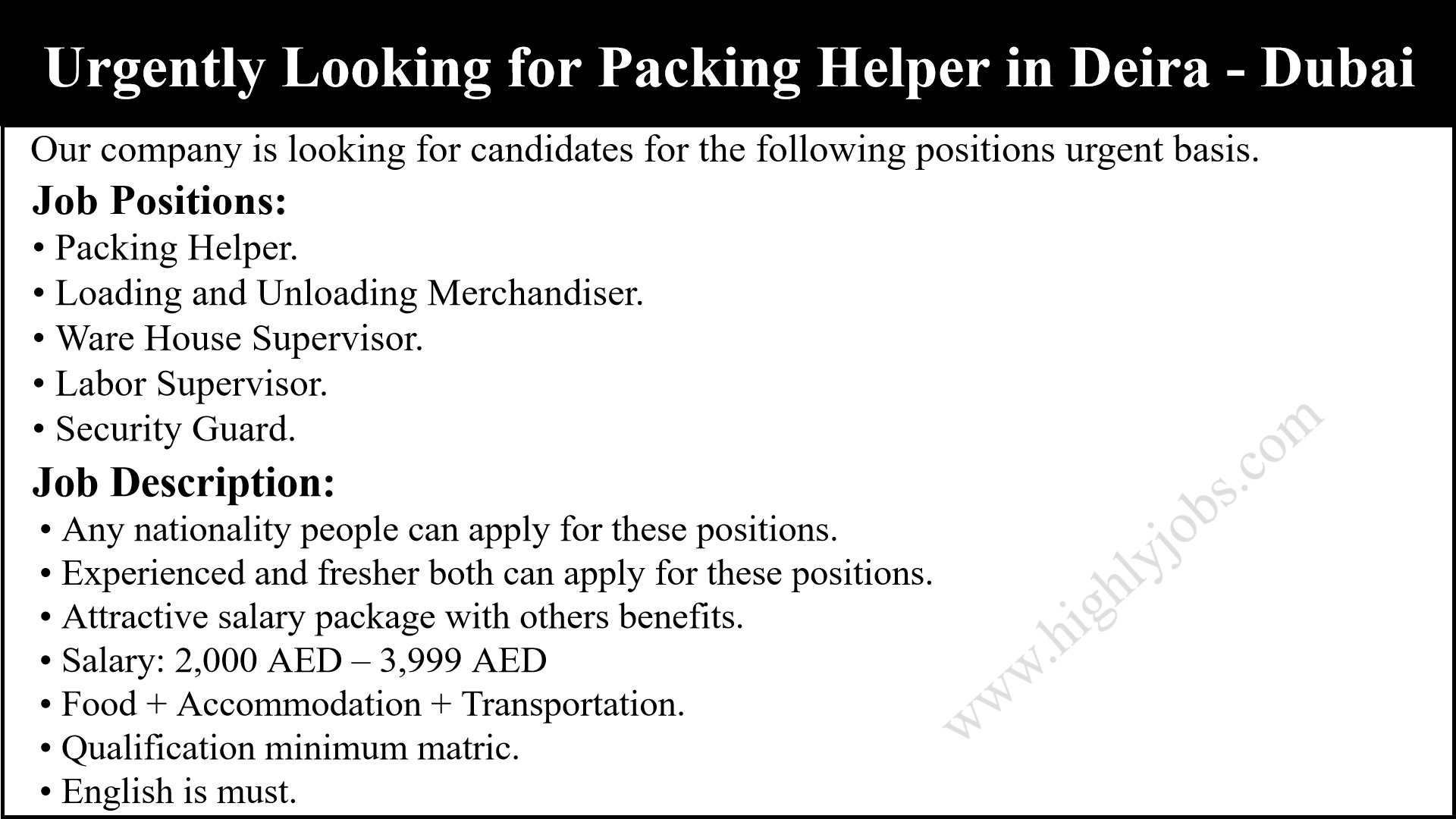 Urgently Looking for Packing Helper in Deira - Dubai
