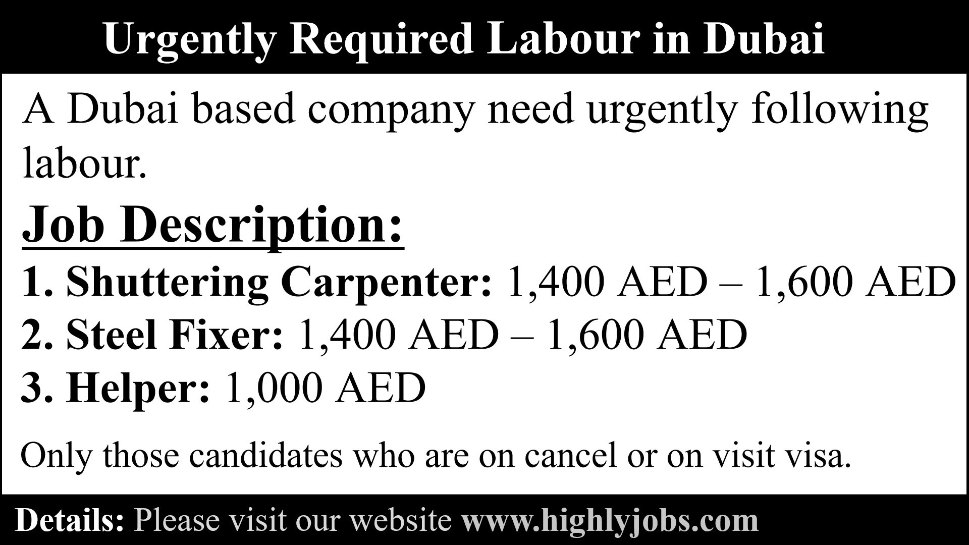 Urgently Required Labour in Dubai