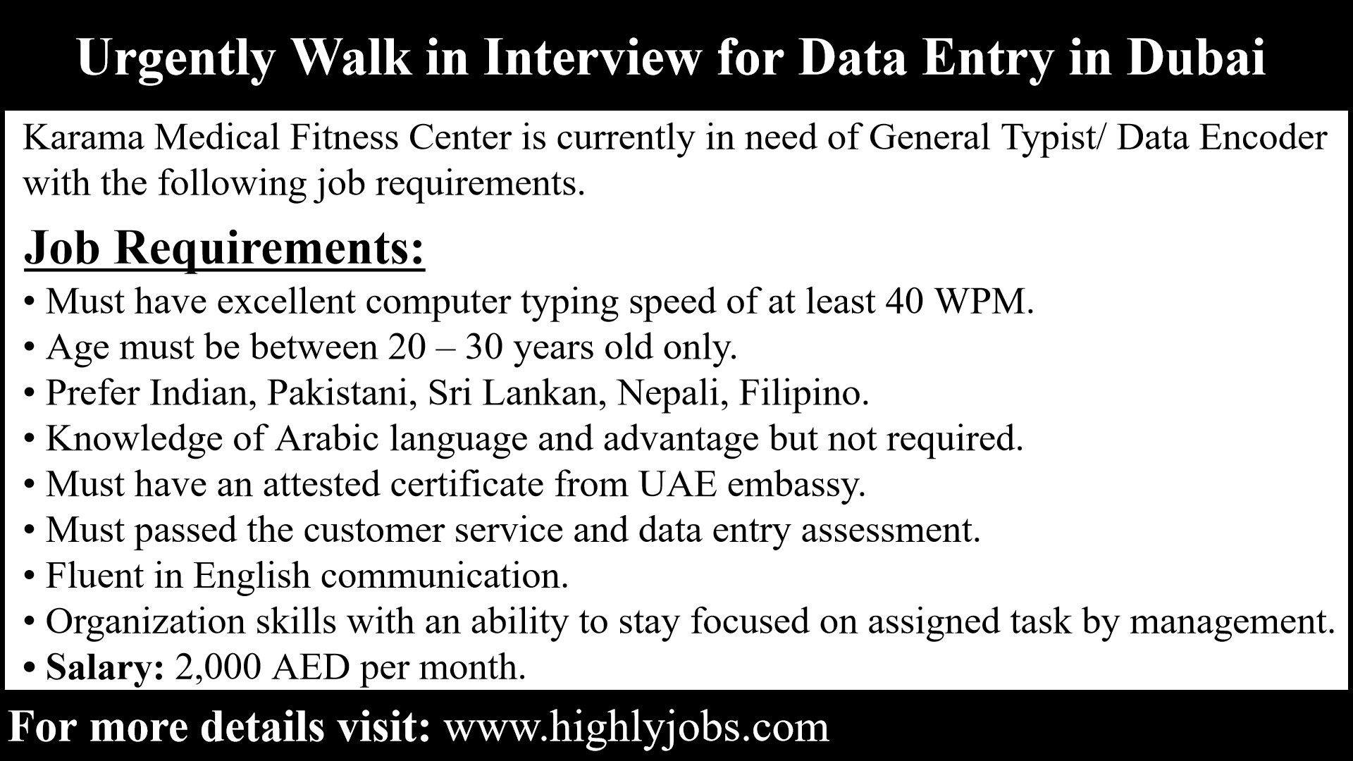 Urgently Walk in Interview for Data Entry in Dubai