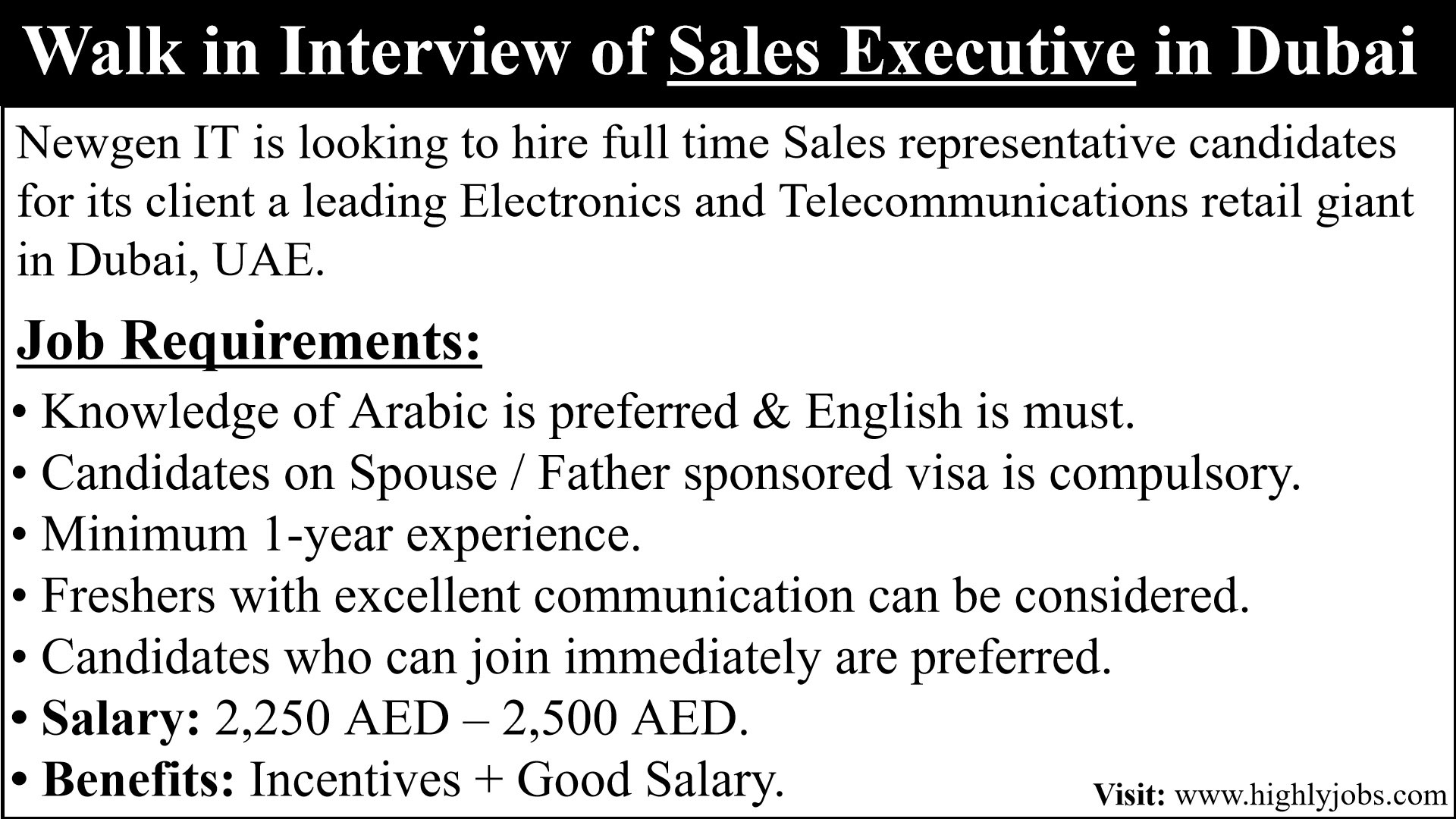 Walk in Interview of Sales Executive in Dubai 
