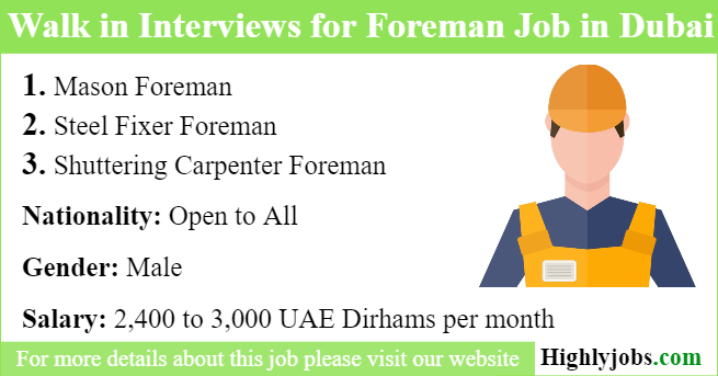 Walk in Interviews for Foreman Job in Dubai 2019