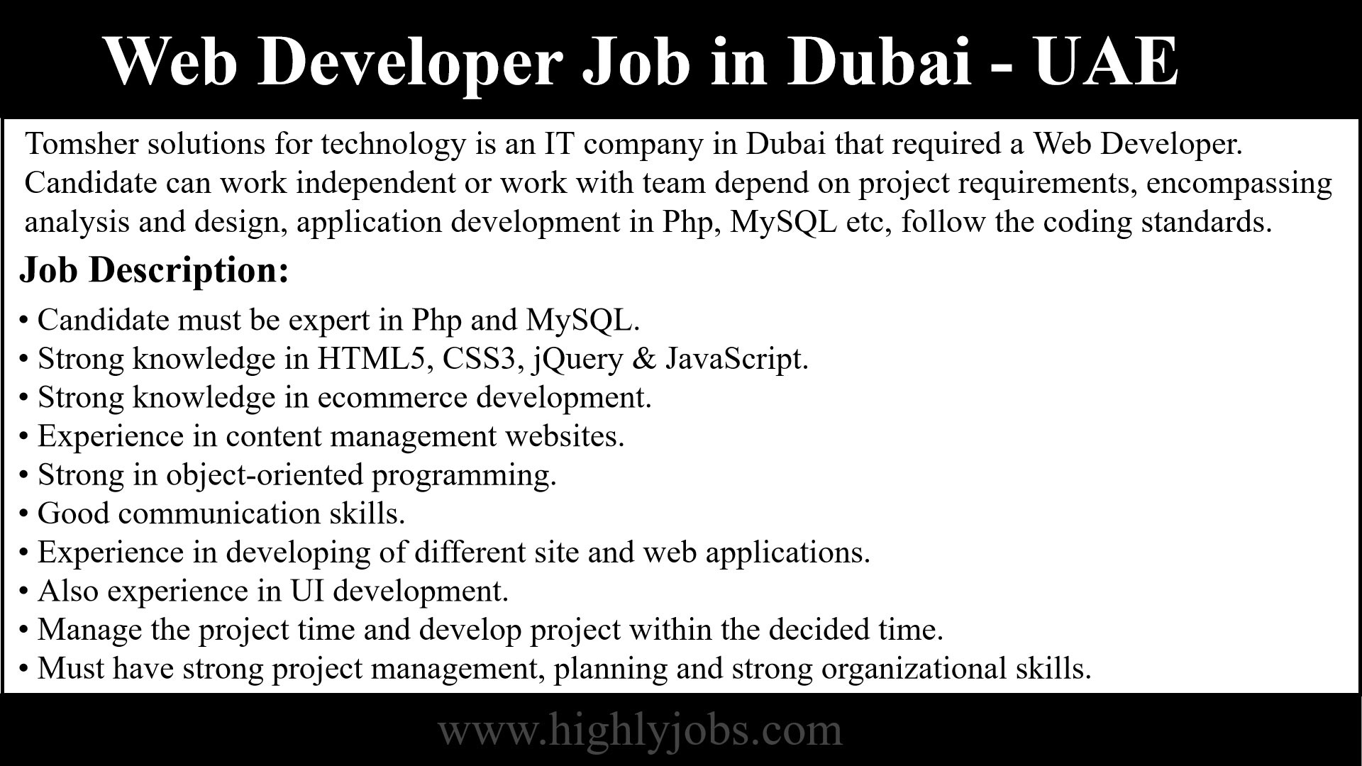 PHP Web Developer Job in Dubai - UAE